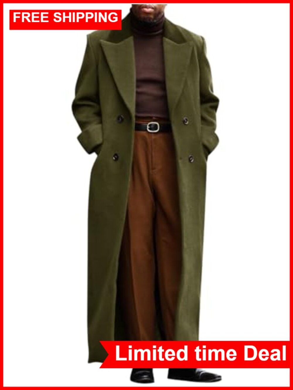 Mens Full Length Trench Coat Double Breasted Classic Overcoat Long